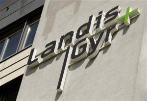 The logo of Swiss-based meter maker Landis+Gyr is seen at an office building in the Swiss town of Zug