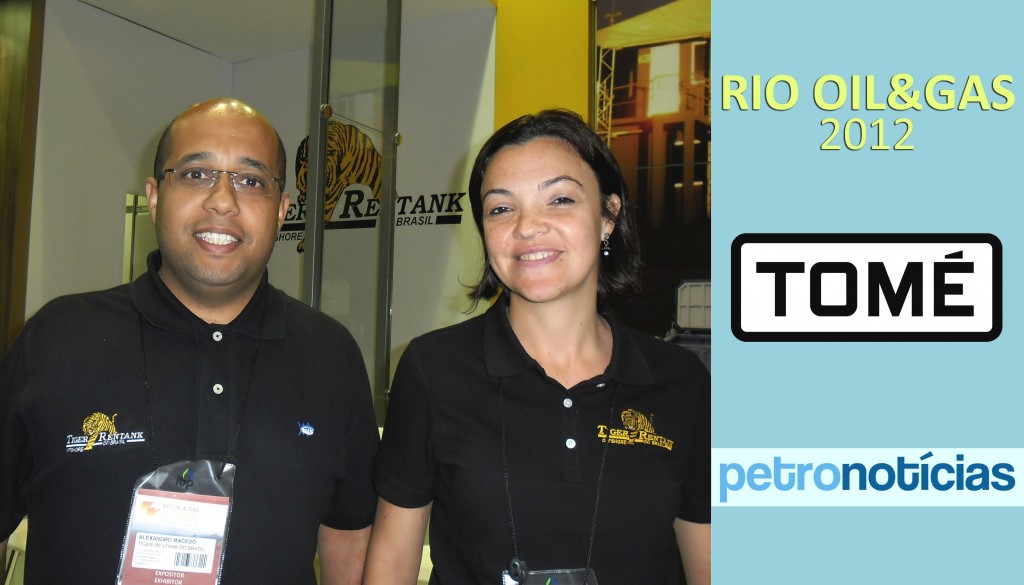 Alexandro Macedo, executivo de contas; Claudia Batalha, coordenadora comercial - Tiger Rentank na Rio Oil & Gas 2012