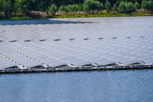 Floating solar photovoltaic panels at sustainable electrical power plant