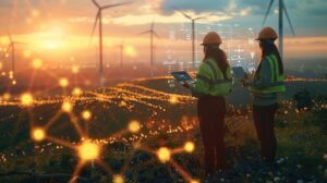 A team of renewable energy engineers working amidst a landscape dotted with wind turbines and solar panels. consulting data on laptop with holographic analytics floating in the air. Generative AI.