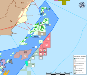 Blocos Exploratórios e campos de produção na Bacia de Campos