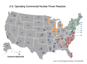 Mapa das usinas nucleares nos EUA 