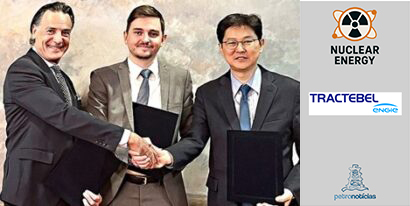 Da esquerda para a direita, o vice-presidente sênior da Westinghouse, Elias Gedeon, o vice-presidente da nova usina nuclear de Fortum, Laurent Revuegle, e o diretor da divisão de nova energia da Hyundai E&C, Choi Young